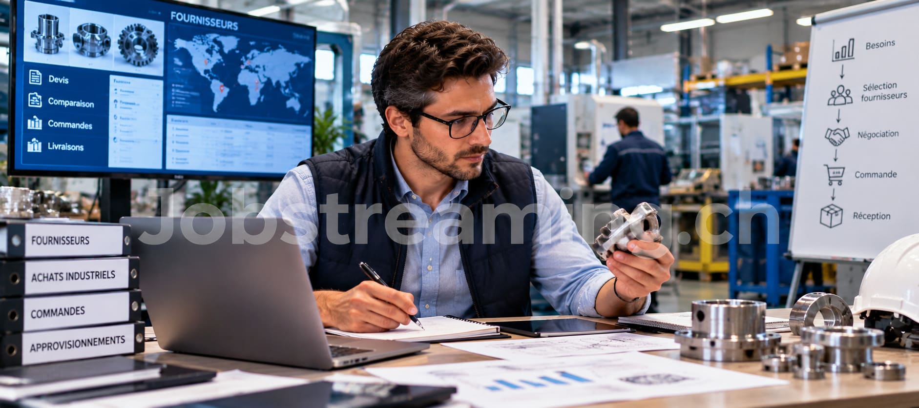 Acheteur industriel, illustrant l’analyse des pièces techniques, la gestion des fournisseurs et les achats en environnement industriel, avec le filigrane transparent Jobstreaming.ch.