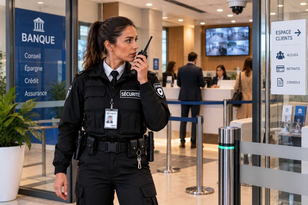 Agente de sécurité assurant la surveillance et le contrôle des accès d’une banque.