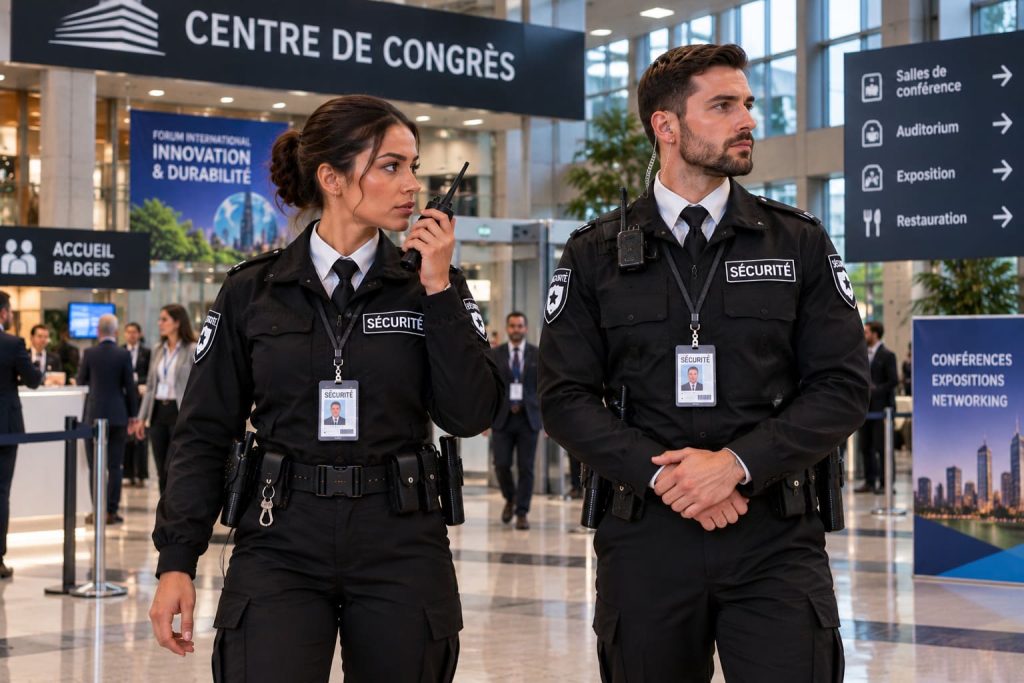 Équipe d’agents de sécurité contrôlant les accès d’un centre de congrès.
