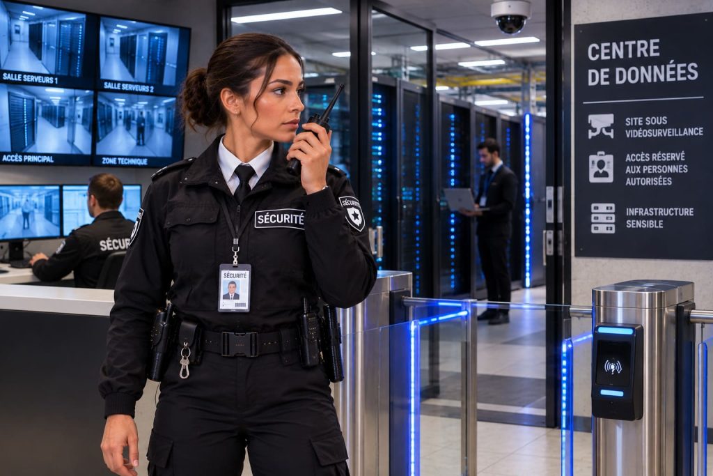 Agente de sécurité surveillant les accès d’un centre de données informatique.