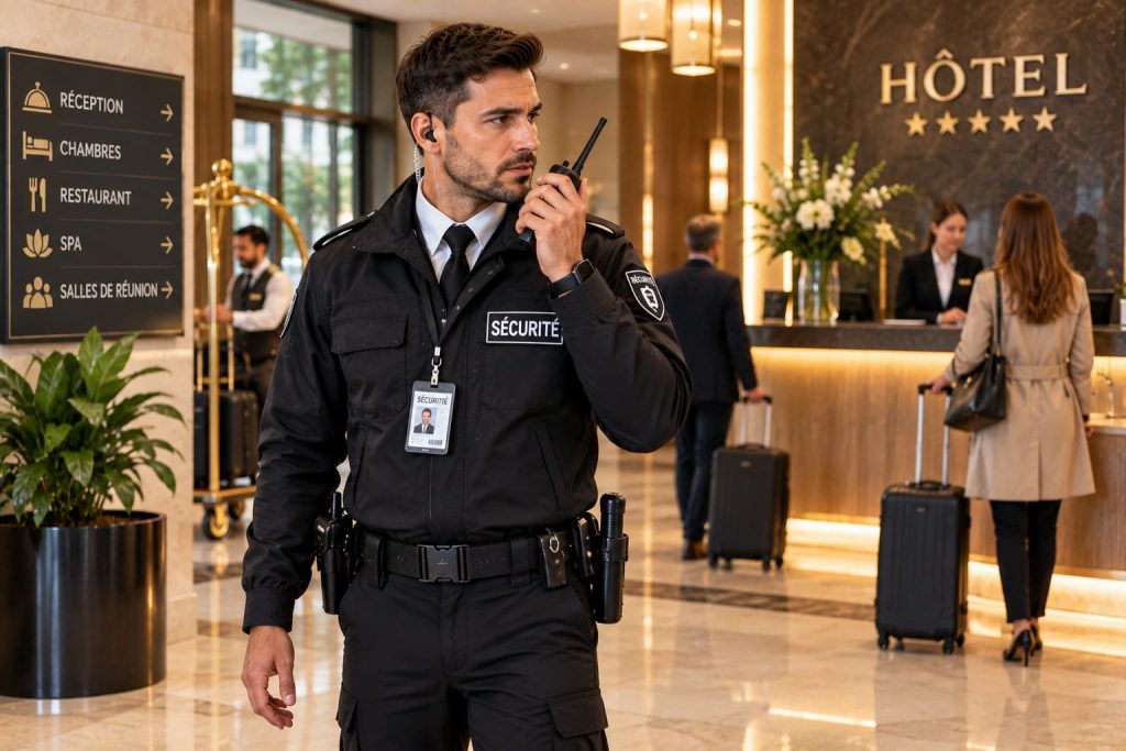 Agente de sécurité surveillant le hall et la réception d’un hôtel haut de gamme.