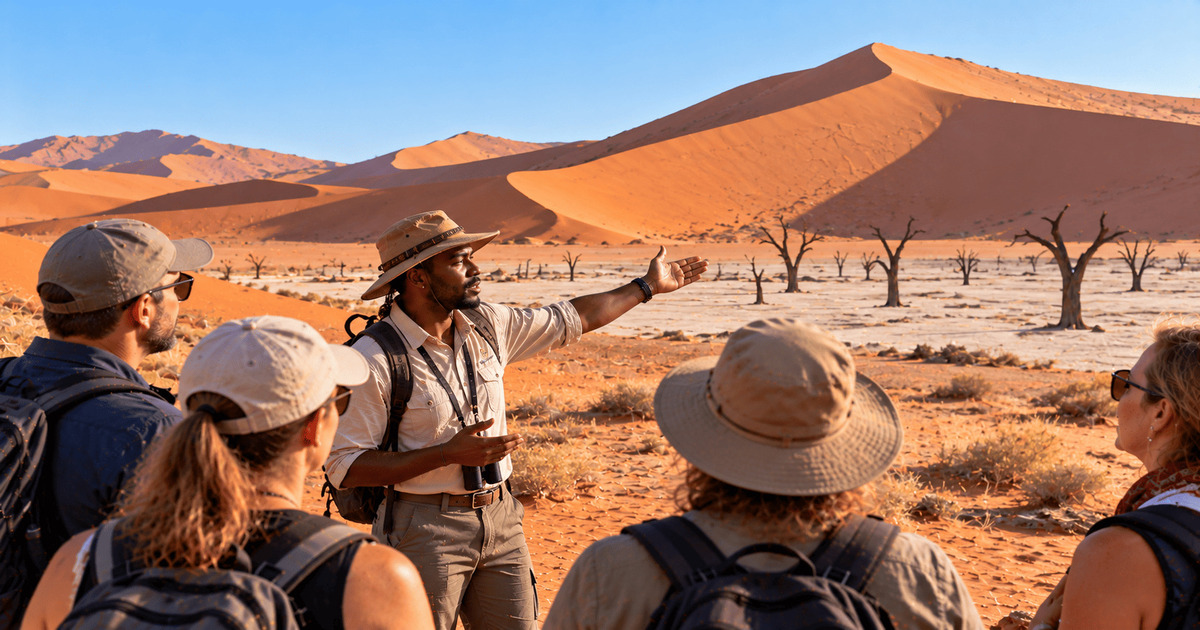Guide touristique présentant les impressionnantes dunes de sable rouge du désert de Namibie à un groupe de voyageurs, au cœur d'un paysage aride parsemé d'arbres morts.