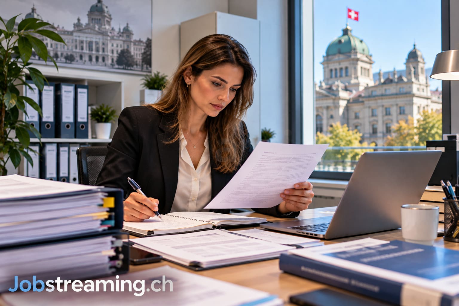 Chargée de mission marchés publics travaillant sur un ordinateur portable dans un bureau moderne et lumineux, avec vue sur un paysage suisse et un écran présentant les étapes de gestion des appels d’offres.