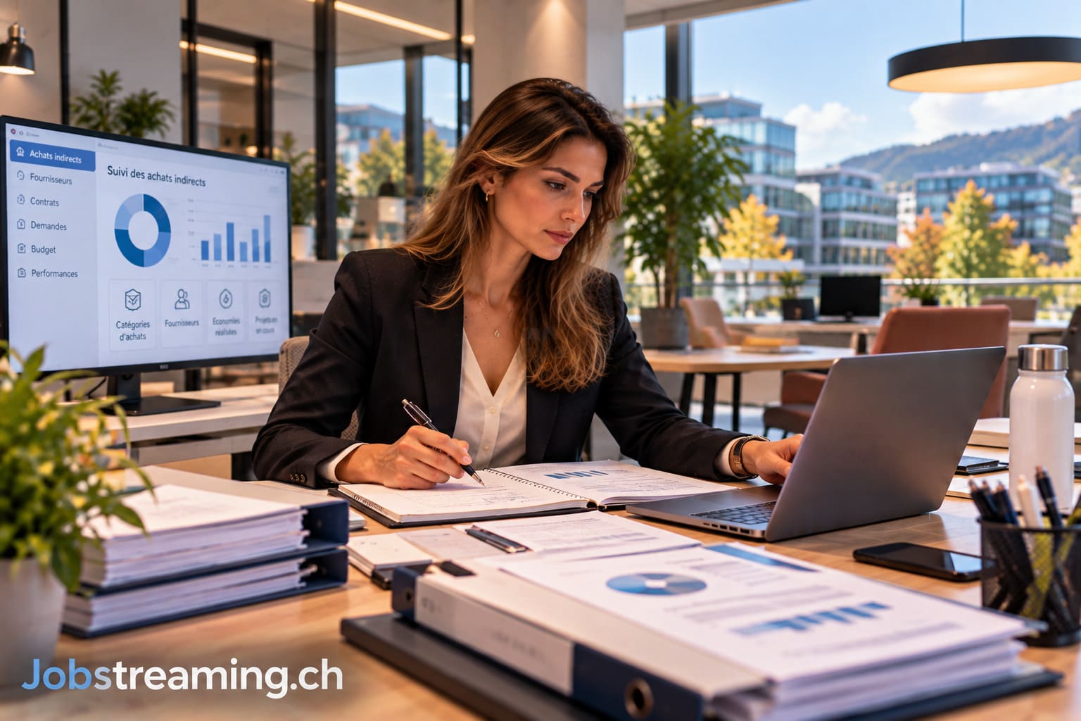 Chef de projet achats indirects travaillant sur un ordinateur portable dans un bureau moderne et lumineux, avec des graphiques de suivi des achats et une vue panoramique sur un lac et les montagnes.