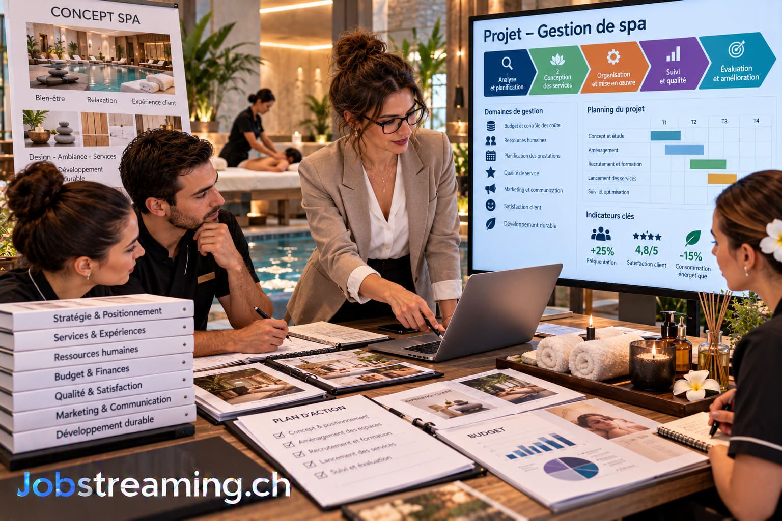Chef de projet en gestion de spa coordonnant une équipe autour d’un ordinateur et d’un planning de développement, dans un espace de bien-être avec piscine, cabines de soins et matériel de relaxation.