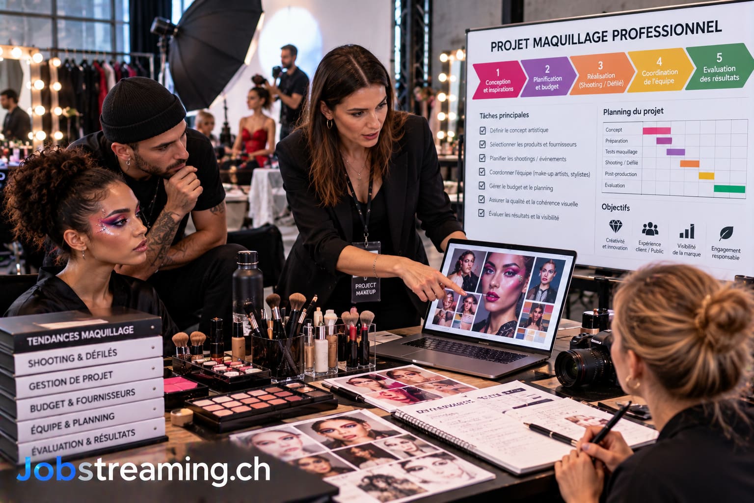 Cheffe de projet en maquillage professionnel coordonnant une équipe de maquilleurs et de stylistes en studio photo, avec des palettes cosmétiques, des modèles et un écran de planification.