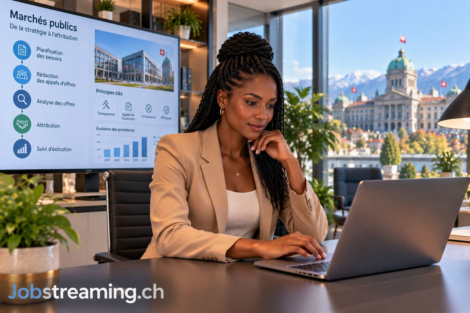 Chef de projet marchés publics travaillant sur un ordinateur dans un bureau administratif moderne, analysant des documents d’appels d’offres et des procédures de marchés publics.