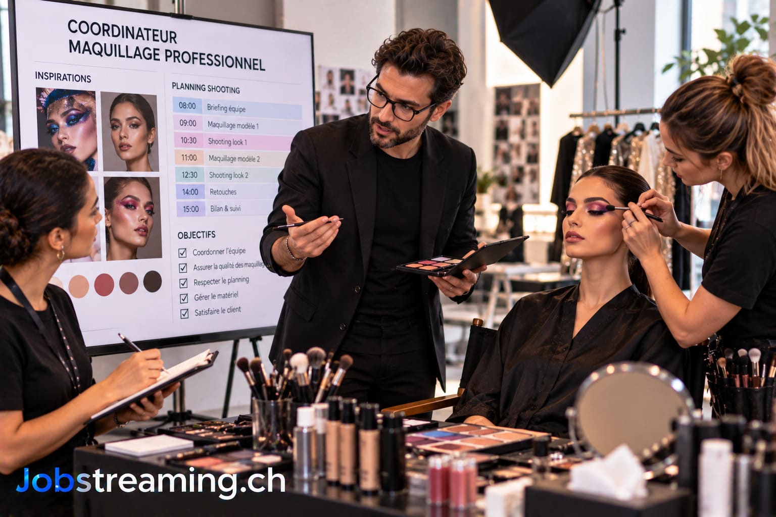 Coordinateur en maquillage professionnel supervisant une équipe de maquilleurs et la préparation d’un modèle dans un studio de beauté.