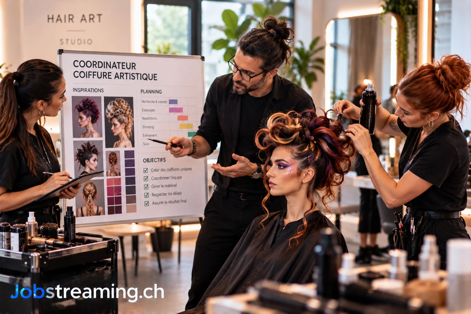 Coordinateur en coiffure artistique supervisant la création d’une coiffure sculpturale et originale dans un studio spécialisé.