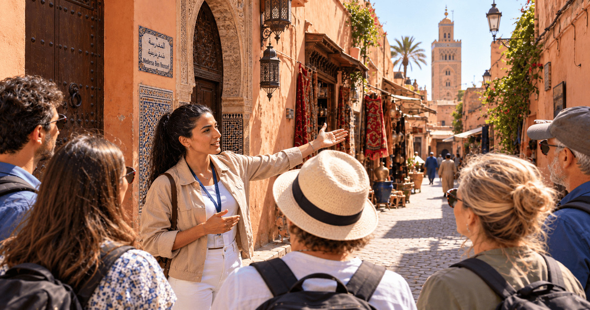 Guide touristique présentant les ruelles traditionnelles de la médina de Marrakech à un groupe de visiteurs au Maroc.