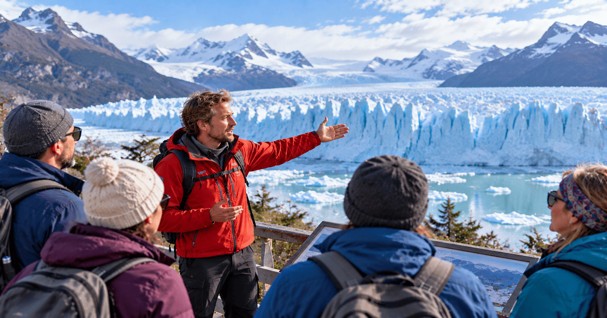 Guide touristique présentant le majestueux glacier Perito Moreno à un groupe de voyageurs, avec ses imposantes parois de glace bleue, ses sommets enneigés et les eaux glaciales de Patagonie en arrière-plan.
