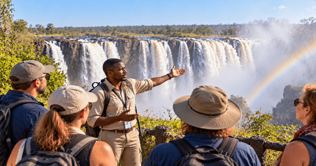 Guide touristique présentant les impressionnantes chutes Victoria à un groupe de voyageurs, avec un immense rideau de cascades, une brume spectaculaire et un magnifique arc-en-ciel au-dessus des gorges.