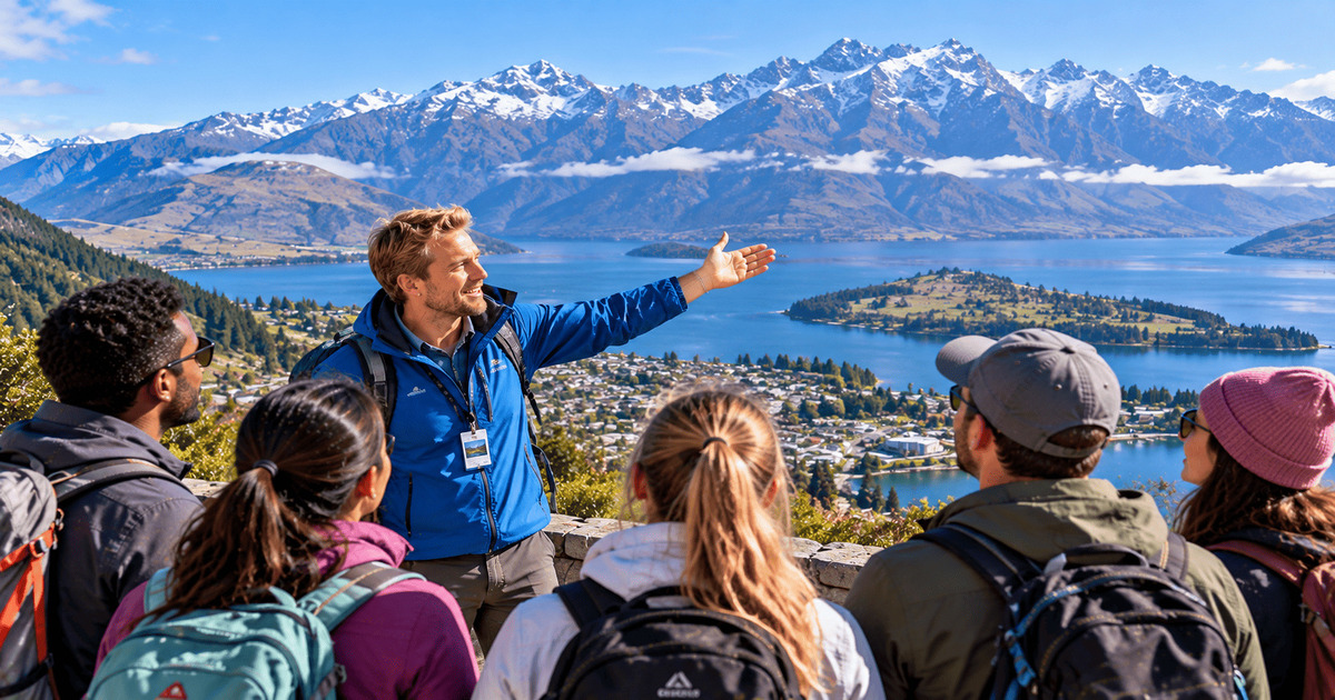 Guide touristique présentant le magnifique lac Wakatipu à un groupe de randonneurs, avec les eaux bleues du lac, les montagnes enneigées des Alpes du Sud et les paysages spectaculaires de Queenstown en Nouvelle-Zélande.