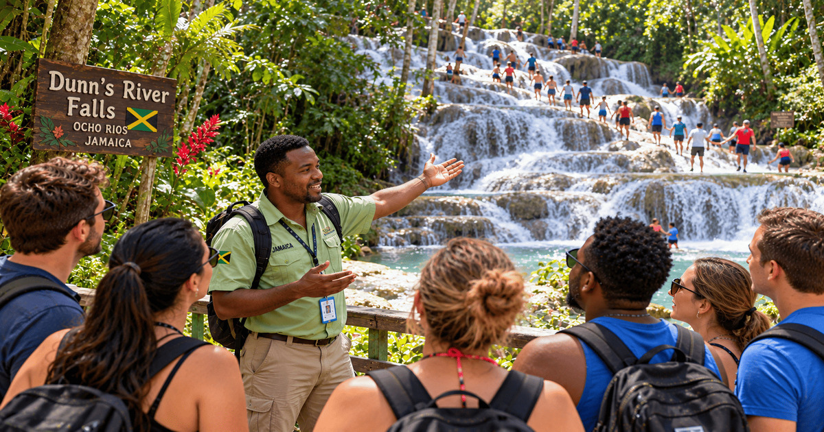 Guide touristique jamaïcain présentant les célèbres chutes de Dunn’s River à un groupe de visiteurs, au cœur d'une végétation tropicale luxuriante, avec des cascades d'eau turquoise et des voyageurs escaladant les rochers naturels.
