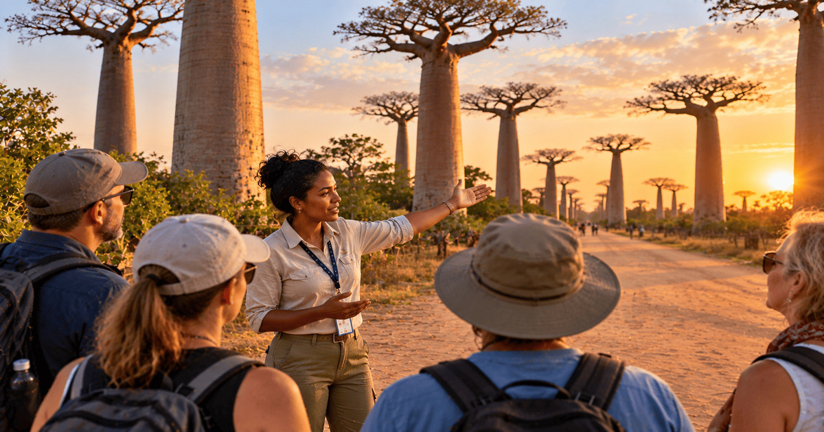 Guide touristique présentant la célèbre allée des Baobabs à un groupe de voyageurs à Madagascar, au coucher du soleil, avec d'immenses baobabs majestueux, un paysage naturel spectaculaire et une lumière dorée typique de l'île.