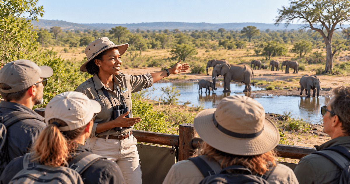 Guide safari présentant un troupeau d'éléphants à un groupe de voyageurs lors d'une excursion guidée en Afrique, avec des éléphants se rafraîchissant autour d'un point d'eau au milieu d'une savane verdoyante.