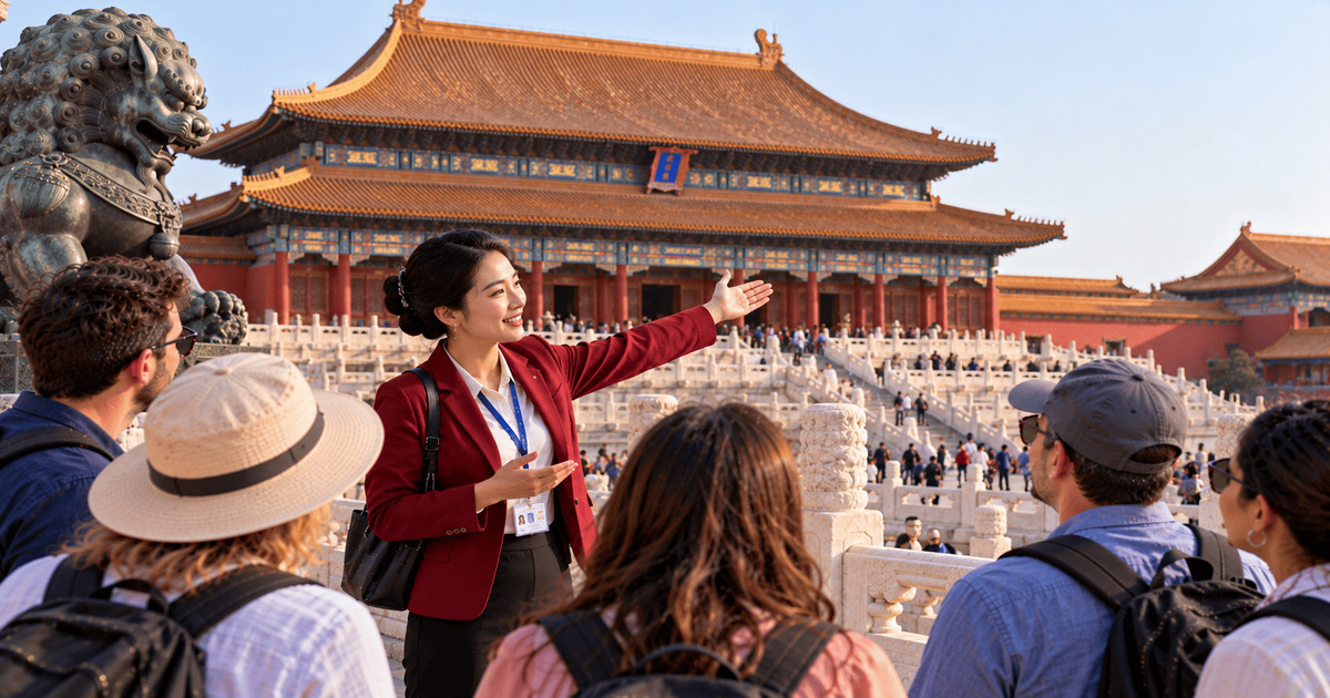 Guide touristique présentant la Cité interdite à un groupe de visiteurs devant un palais impérial traditionnel à Pékin, en Chine.
