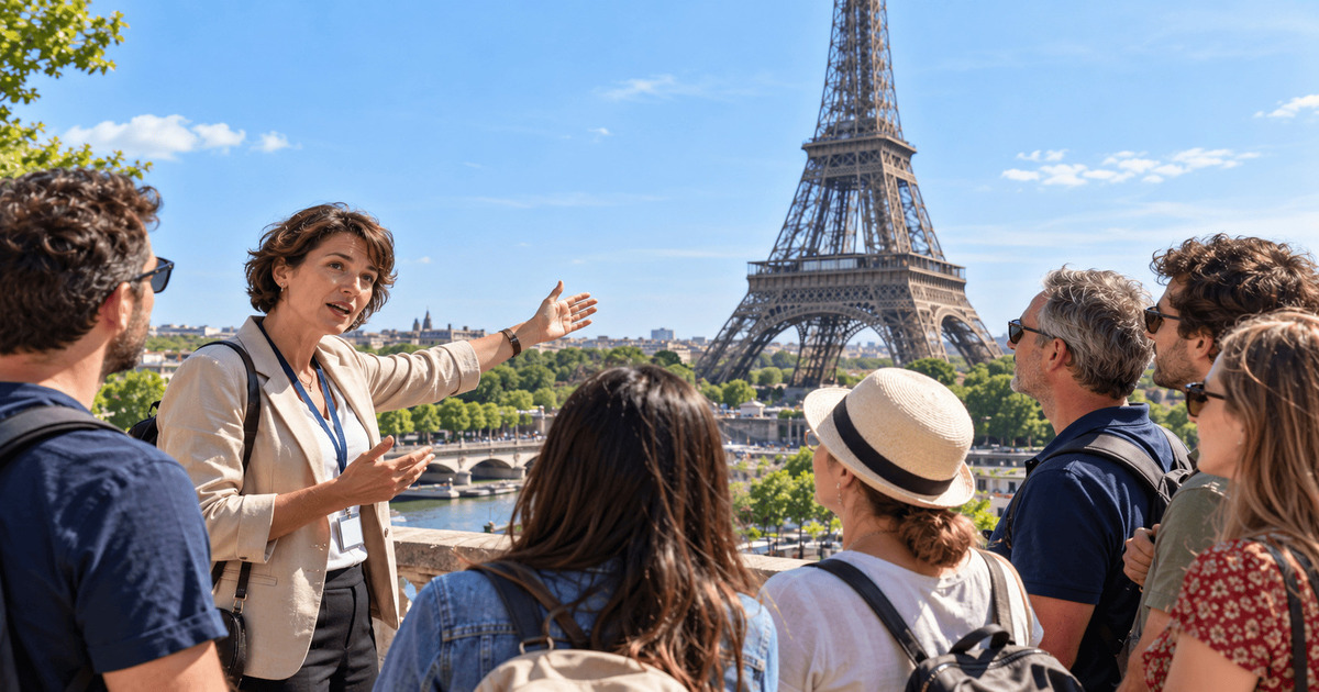 Guide touristique présentant la Tour Eiffel à un groupe de visiteurs lors d'une visite guidée avec vue panoramique sur Paris.