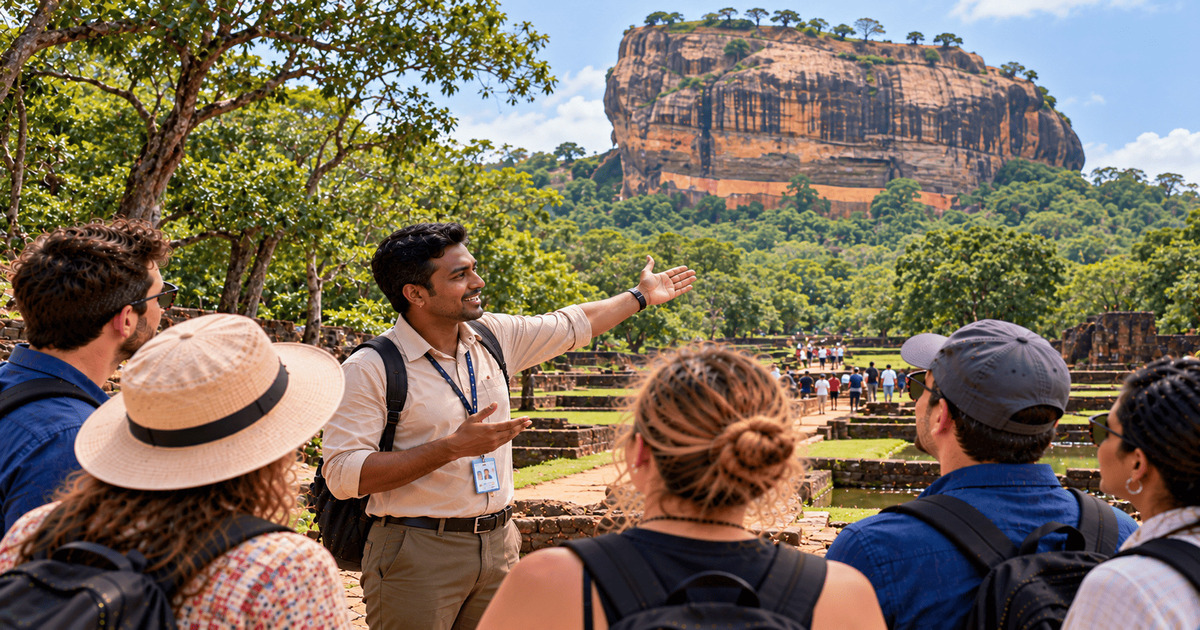 Guide touristique présentant le célèbre rocher de Sigiriya à un groupe de visiteurs au milieu des ruines historiques et de la végétation tropicale au Sri Lanka.