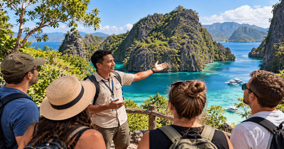 Guide touristique local présentant les magnifiques lagons de Coron à un groupe de voyageurs, avec des eaux turquoise cristallines, d'impressionnantes falaises calcaires couvertes de végétation tropicale et des bateaux traditionnels naviguant au cœur d'un paysage paradisiaque des Philippines.