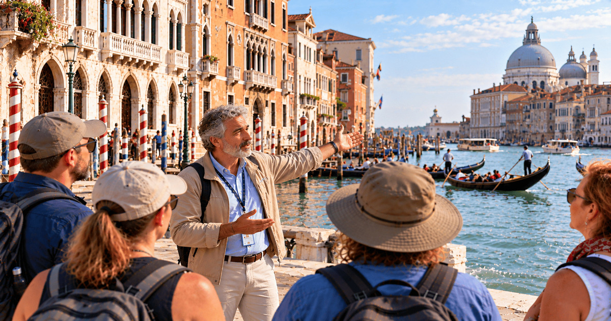 Guide touristique présentant le célèbre Grand Canal de Venise à un groupe de voyageurs, avec des gondoles traditionnelles naviguant sur les eaux du canal, les magnifiques palais vénitiens, les façades historiques et la majestueuse basilique Santa Maria della Salute en arrière-plan.