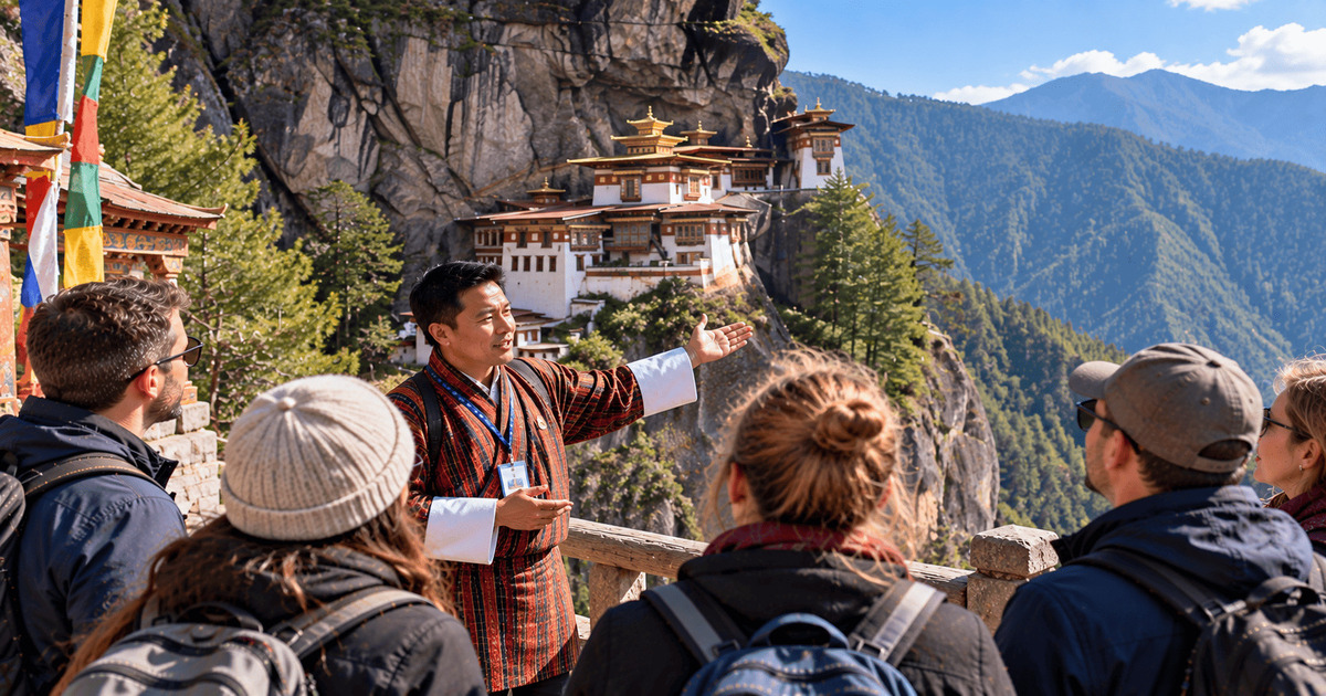 Guide touristique bhoutanais présentant le célèbre monastère du Nid du Tigre, perché sur une falaise spectaculaire dans les montagnes de l'Himalaya, entouré de forêts verdoyantes et de sommets majestueux au Bhoutan.