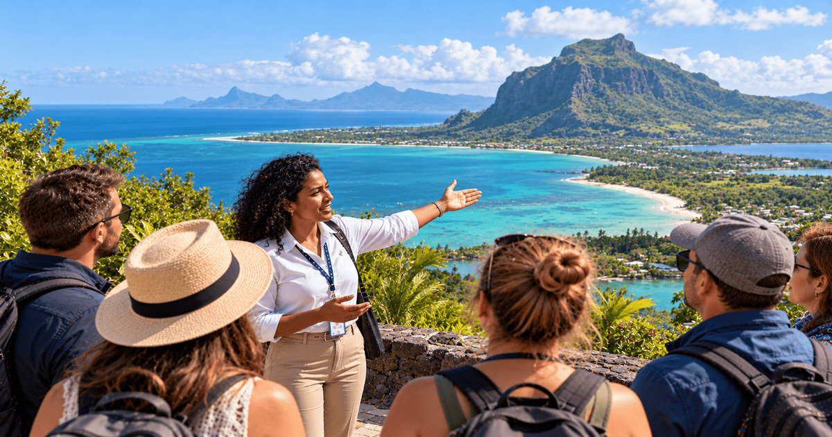 Guide touristique présentant un panorama spectaculaire de l'île Maurice à un groupe de voyageurs, avec une vue imprenable sur le lagon turquoise, les plages de sable blanc, les montagnes verdoyantes et les eaux cristallines de l'océan Indien.