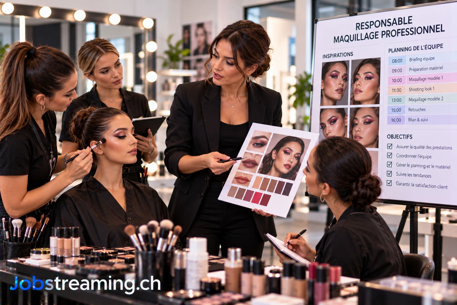 Responsable du maquillage professionnel guidant son équipe dans la réalisation de maquillages artistiques pour une séance photo en studio.