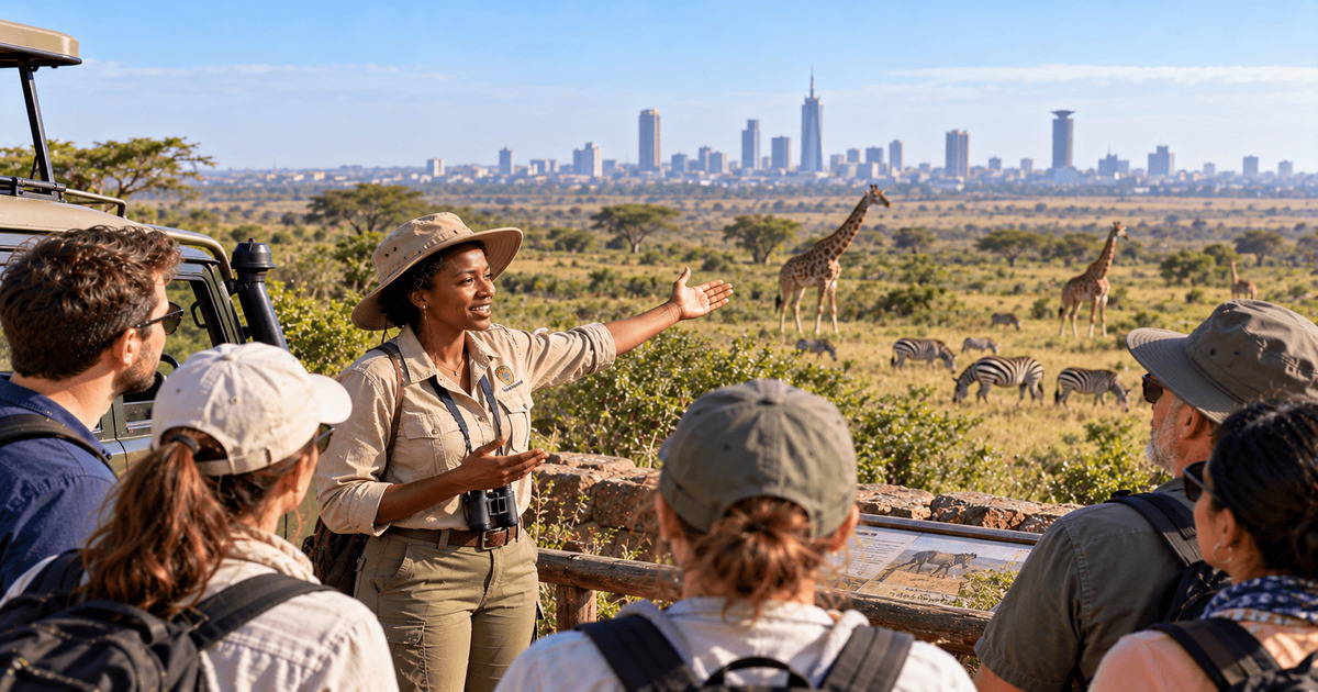 Guide de safari présentant des girafes et des zèbres à un groupe de touristes dans la réserve naturelle de Nairobi avec vue sur la skyline de la ville au Kenya.
