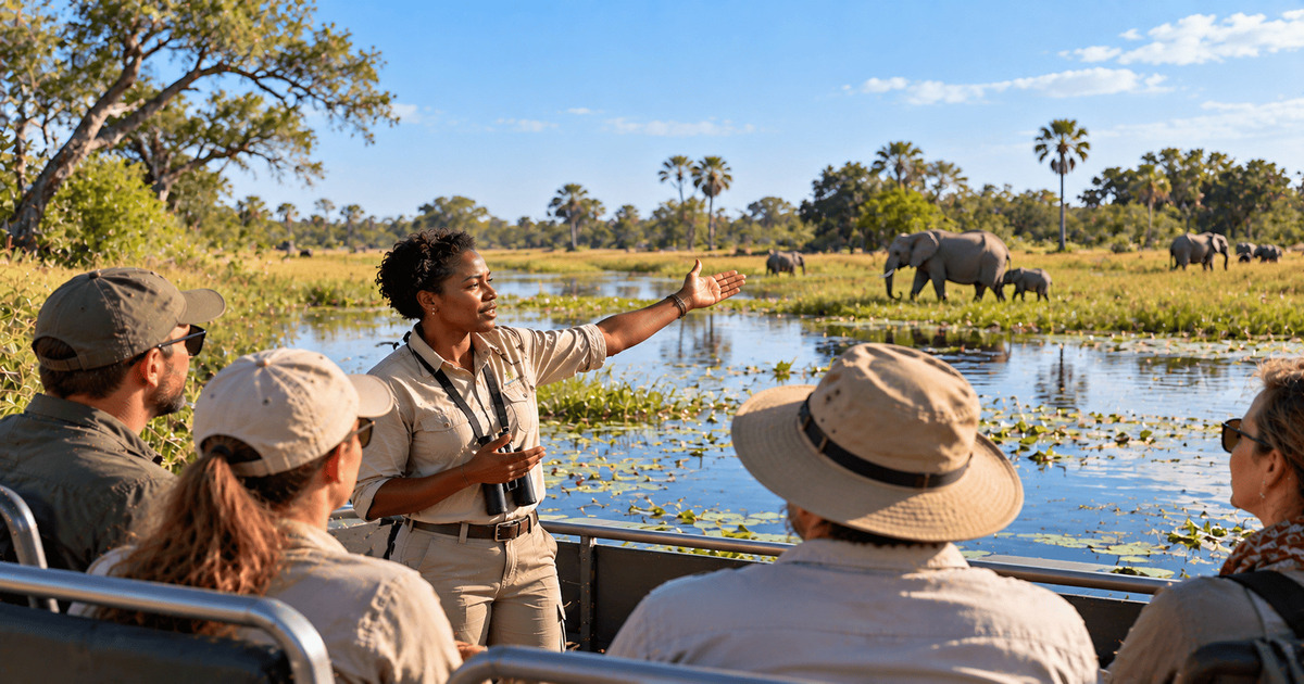 Guide touristique présentant un groupe d'éléphants sauvages à des voyageurs lors d'un safari en bateau au Botswana, avec une vue sur les éléphants se rafraîchissant au bord d'une rivière, entourés d'une végétation luxuriante et de paysages naturels africains.