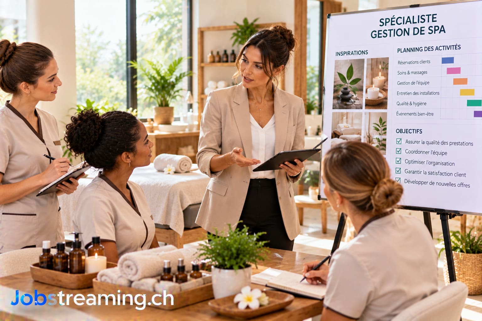 Spécialiste gestion de spa planifiant les soins et coordonnant une équipe dans un espace bien-être lumineux et accueillant.