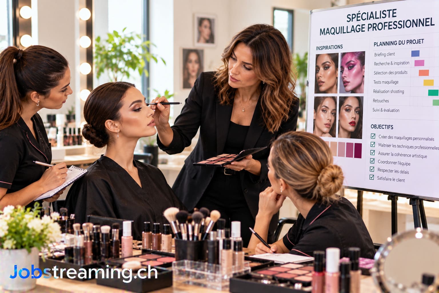 Spécialiste maquillage professionnel réalisant un maquillage des yeux avec précision dans un salon de beauté.