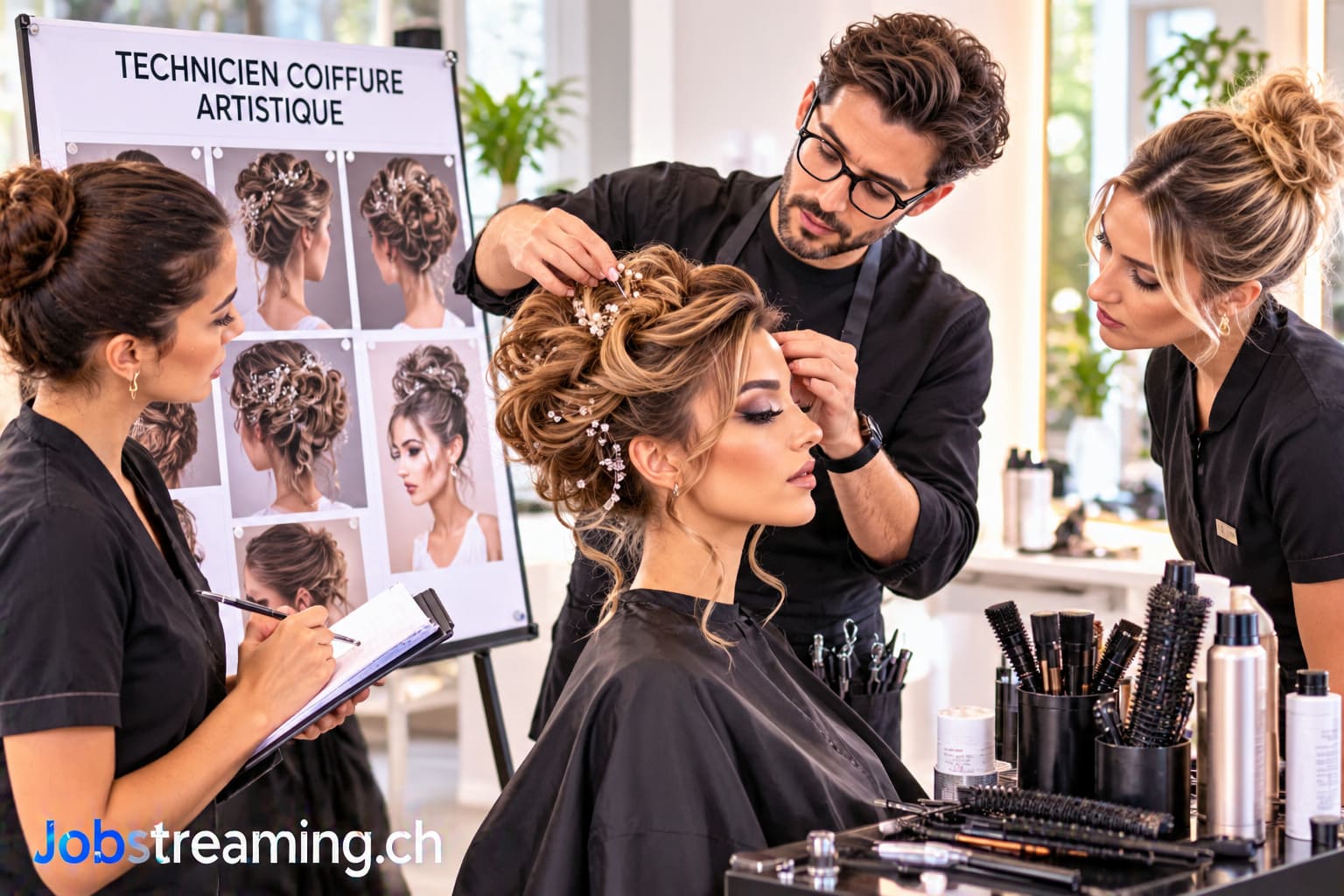 Technicien coiffure artistique réalisant une coiffure élaborée avec des accessoires décoratifs dans un salon professionnel.