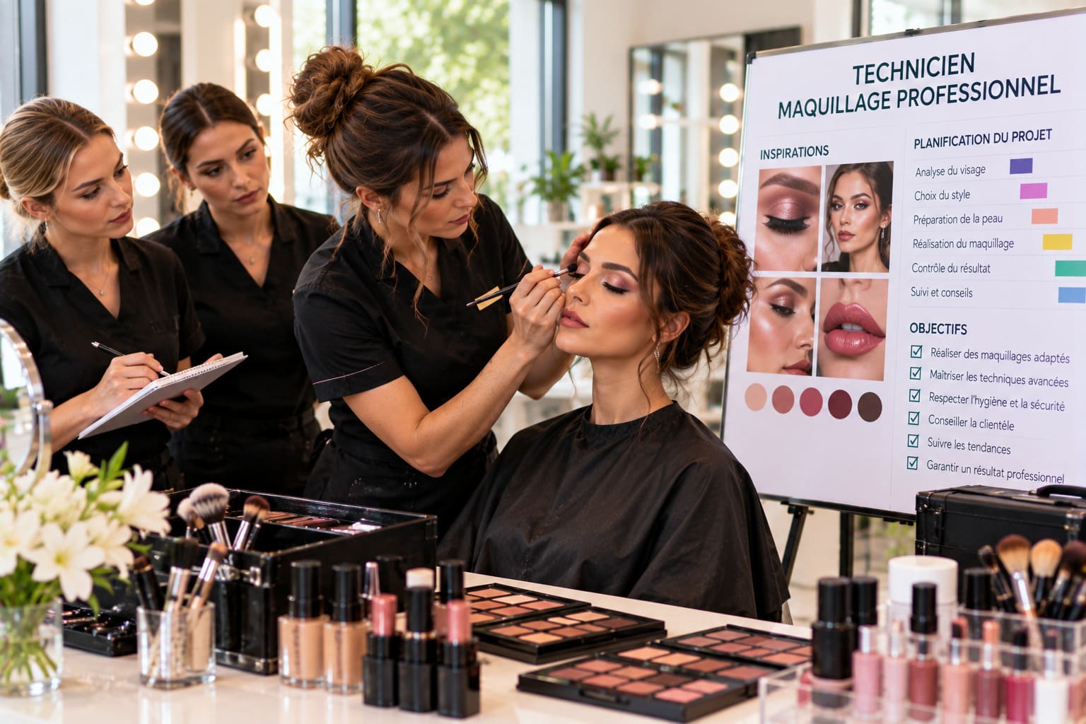 Technicien maquillage professionnel appliquant un maquillage précis sur une cliente dans un espace beauté spécialisé.