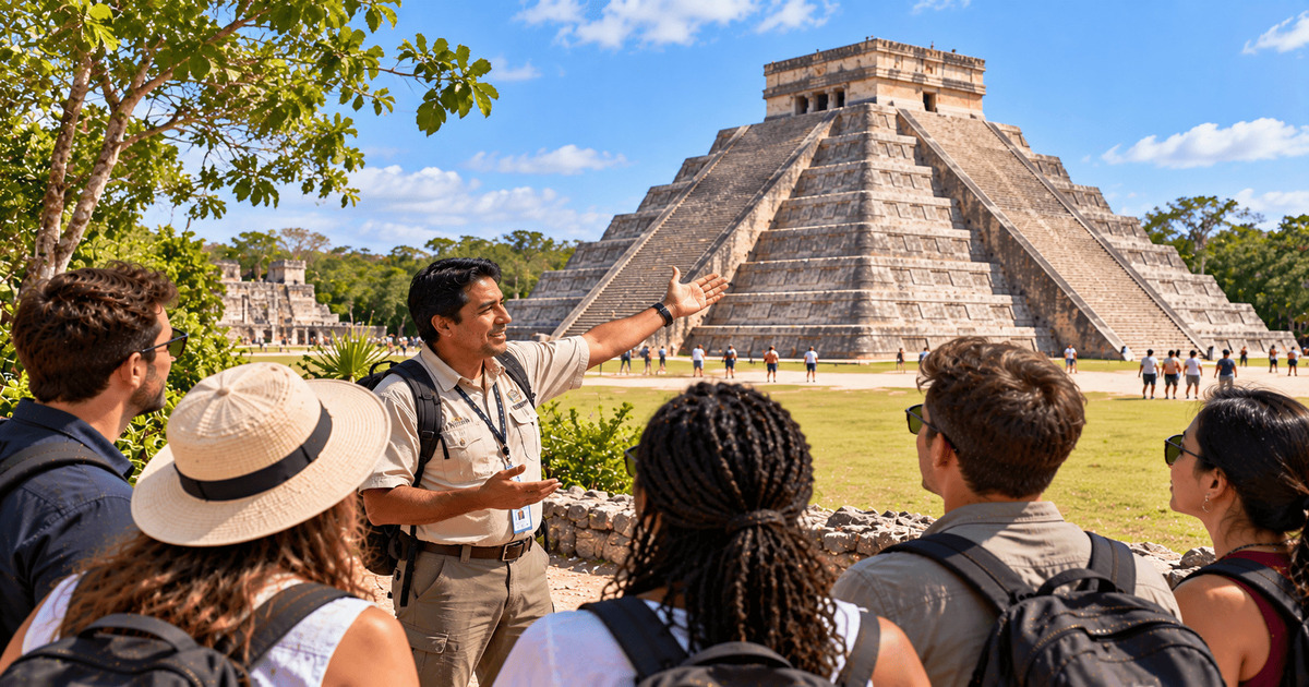 Guide touristique présentant la pyramide de Kukulcán à un groupe de visiteurs sur le site archéologique de Chichén Itzá au Mexique.