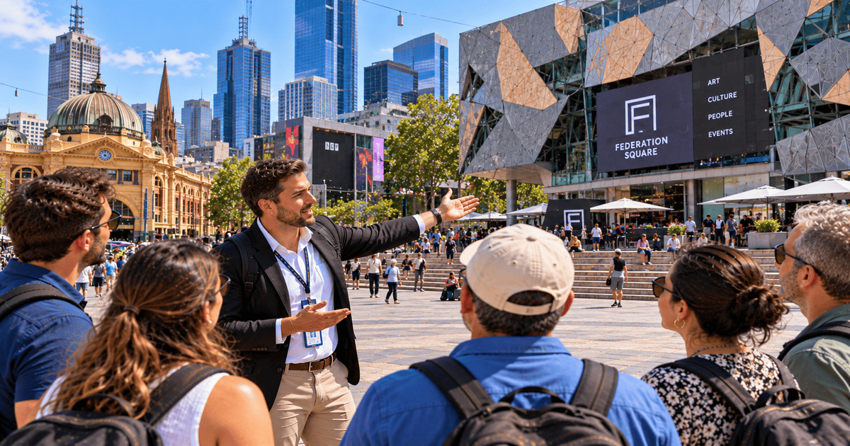 Guide touristique présentant Federation Square à un groupe de voyageurs lors d'une visite guidée de Melbourne, avec une vue sur l'architecture contemporaine du bâtiment, les gratte-ciel du centre-ville et les rues animées de cette grande ville australienne.