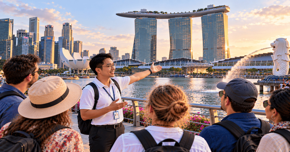 Guide touristique présentant Marina Bay Sands et le célèbre Merlion aux visiteurs lors d'une visite guidée à Singapour.