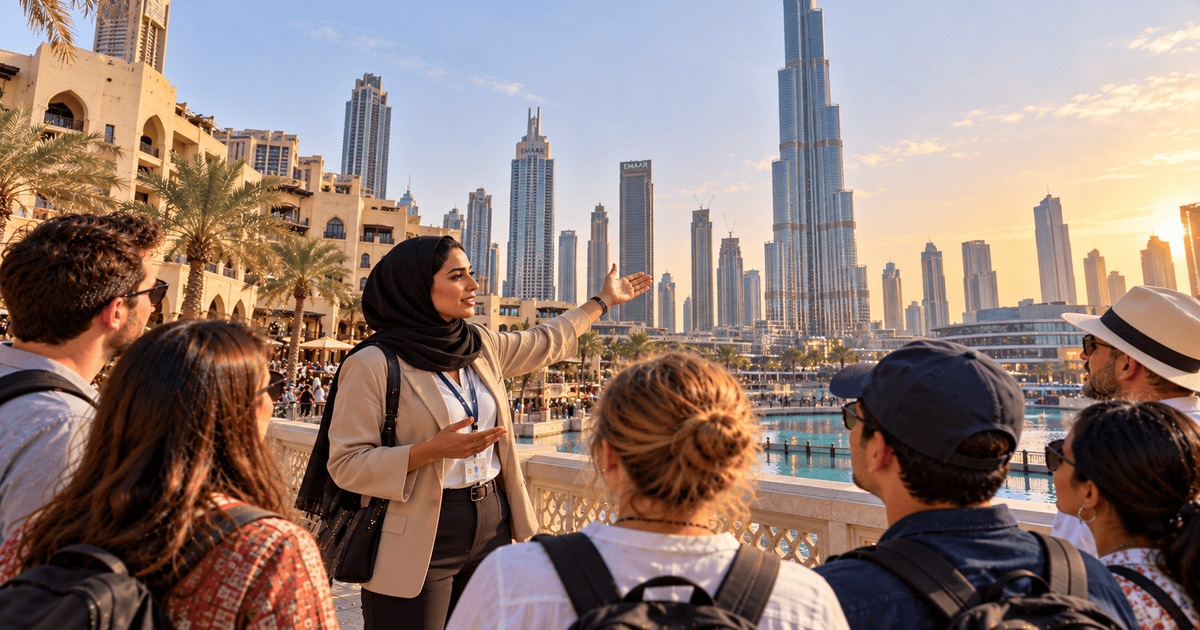Guide touristique présentant le Burj Khalifa, le plus haut gratte-ciel du monde, aux visiteurs lors d'une visite guidée à Dubaï.