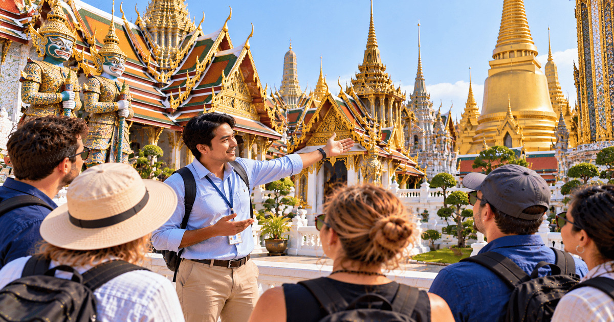 Guide touristique présentant les temples dorés, les pagodes et l'architecture traditionnelle du Grand Palais de Bangkok aux visiteurs.