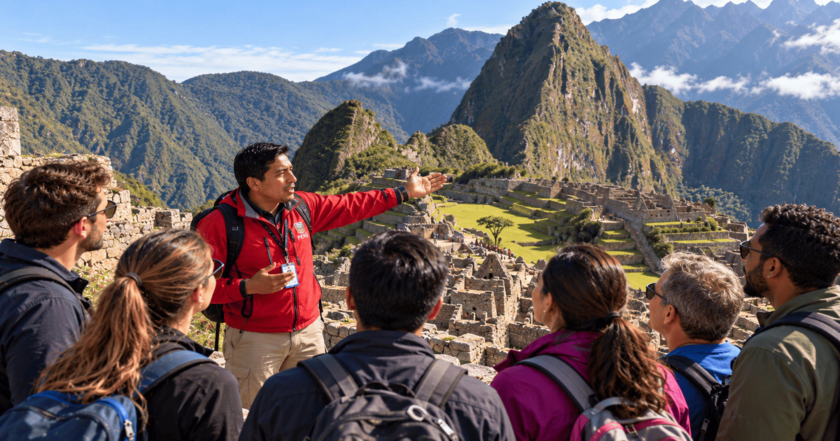 Guide touristique présentant le site archéologique du Machu Picchu à un groupe de visiteurs devant les montagnes des Andes au Pérou.