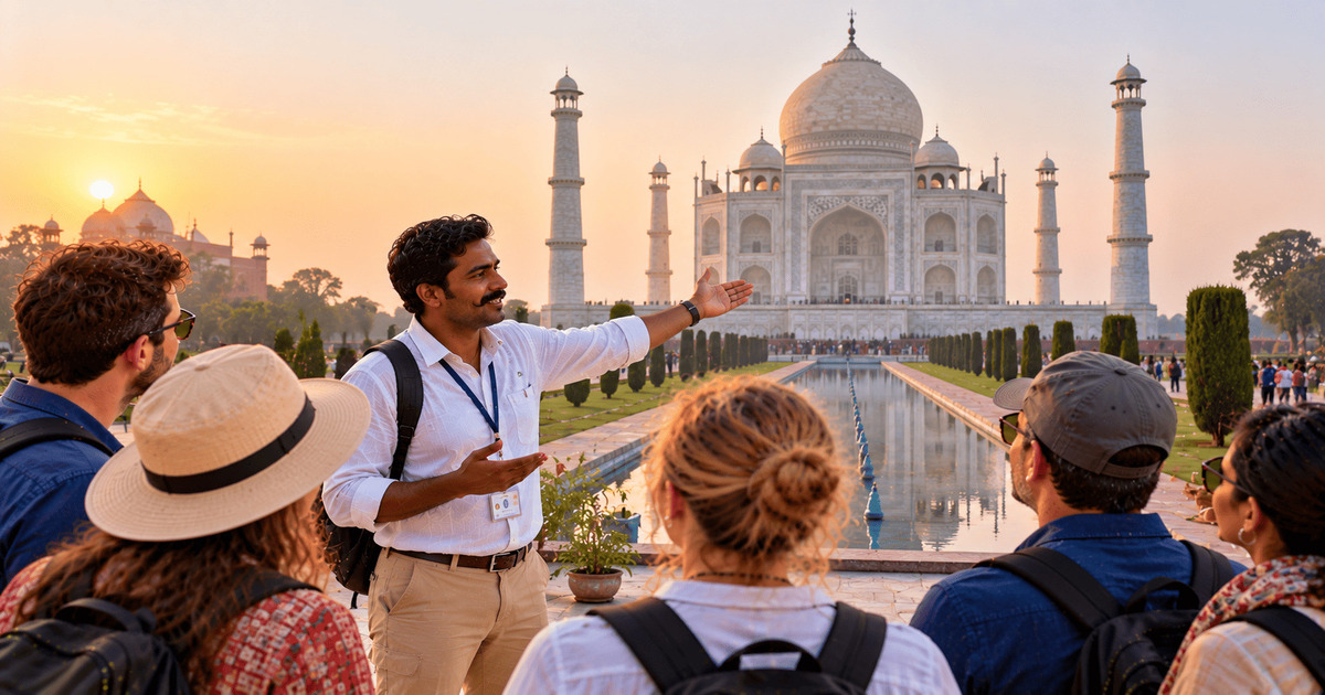 Guide touristique présentant le Taj Mahal à un groupe de visiteurs devant le célèbre mausolée blanc à Agra, en Inde.
