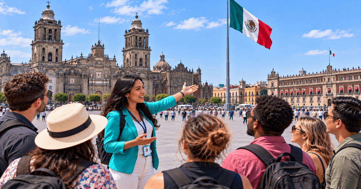 Guide touristique présentant le Zócalo de Mexico à un groupe de visiteurs devant la cathédrale métropolitaine et le drapeau mexicain.