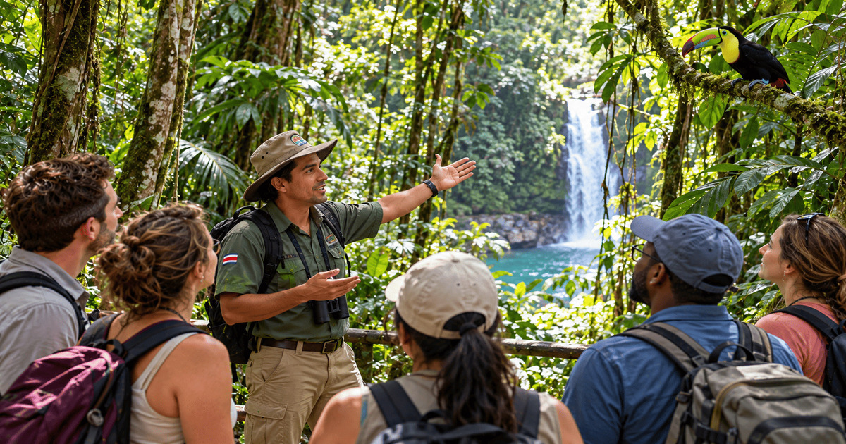 Guide naturaliste présentant une cascade tropicale et un toucan aux visiteurs lors d'une excursion guidée dans la jungle du Costa Rica.
