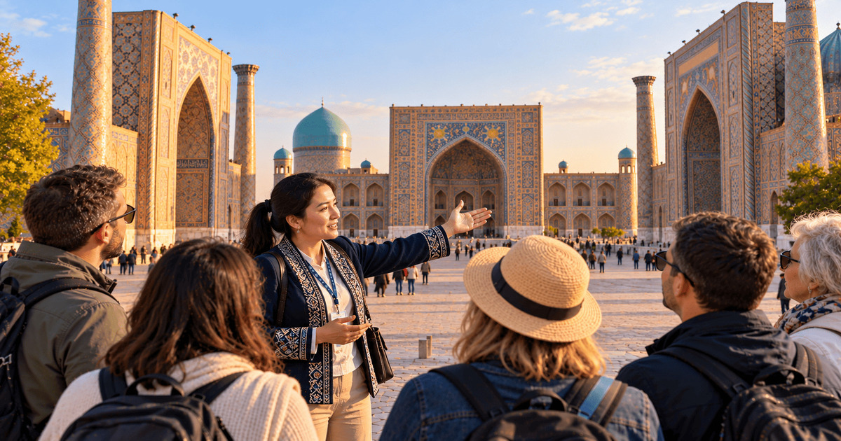 Guide touristique présentant la majestueuse place du Registan à un groupe de voyageurs lors d'une visite guidée à Samarcande, en Ouzbékistan. Vue spectaculaire sur les médersas historiques, les imposants portails sculptés, les mosaïques bleues et les dômes turquoise de cette merveille de l'architecture islamique.