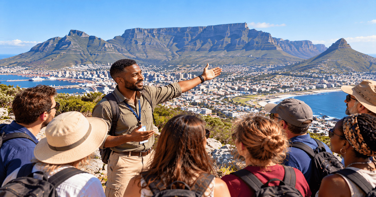 Guide touristique présentant une vue panoramique sur Le Cap, la montagne de la Table et le littoral sud-africain à un groupe de visiteurs.