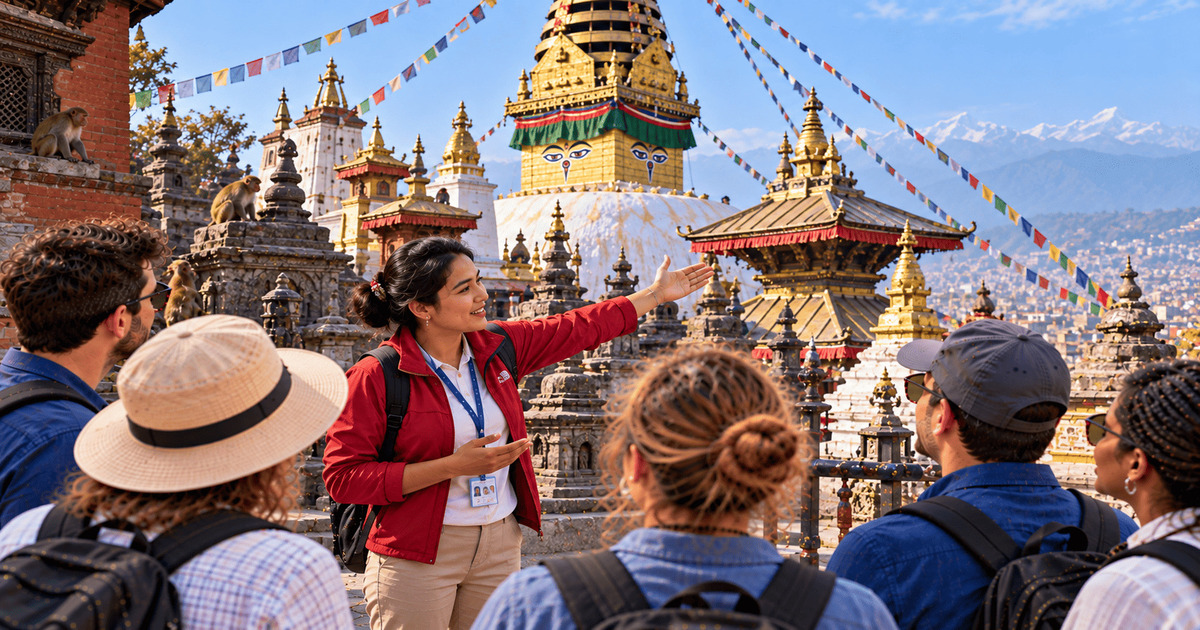 Guide touristique présentant le temple des Singes Swayambhunath à un groupe de visiteurs devant les stupas et les drapeaux de prières colorés à Katmandou, au Népal.