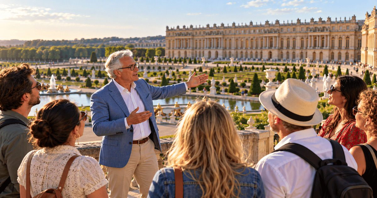 Guide touristique présentant les jardins à la française du château de Versailles à un groupe de visiteurs.