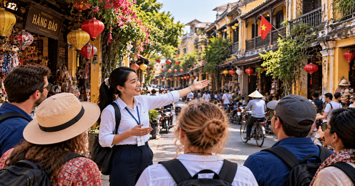 Guide touristique présentant une rue traditionnelle du vieux quartier de Hanoï au Vietnam à un groupe de visiteurs.