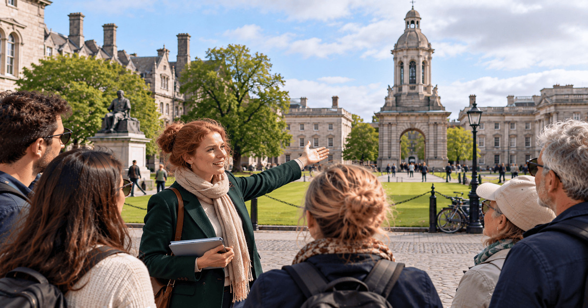 Guide touristique présentant une cour historique du Trinity College à un groupe de visiteurs devant son architecture classique et son célèbre clocher à Dublin, en Irlande.