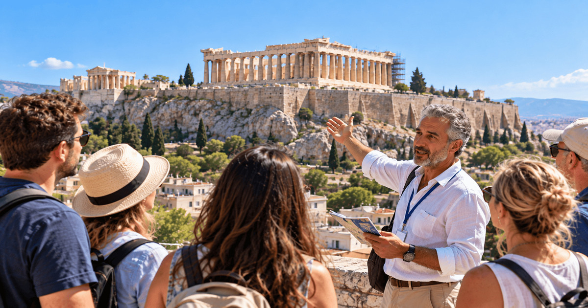 Guide touristique présentant le célèbre Parthénon à un groupe de visiteurs avec vue panoramique sur l'Acropole d'Athènes, monument historique emblématique de la Grèce.